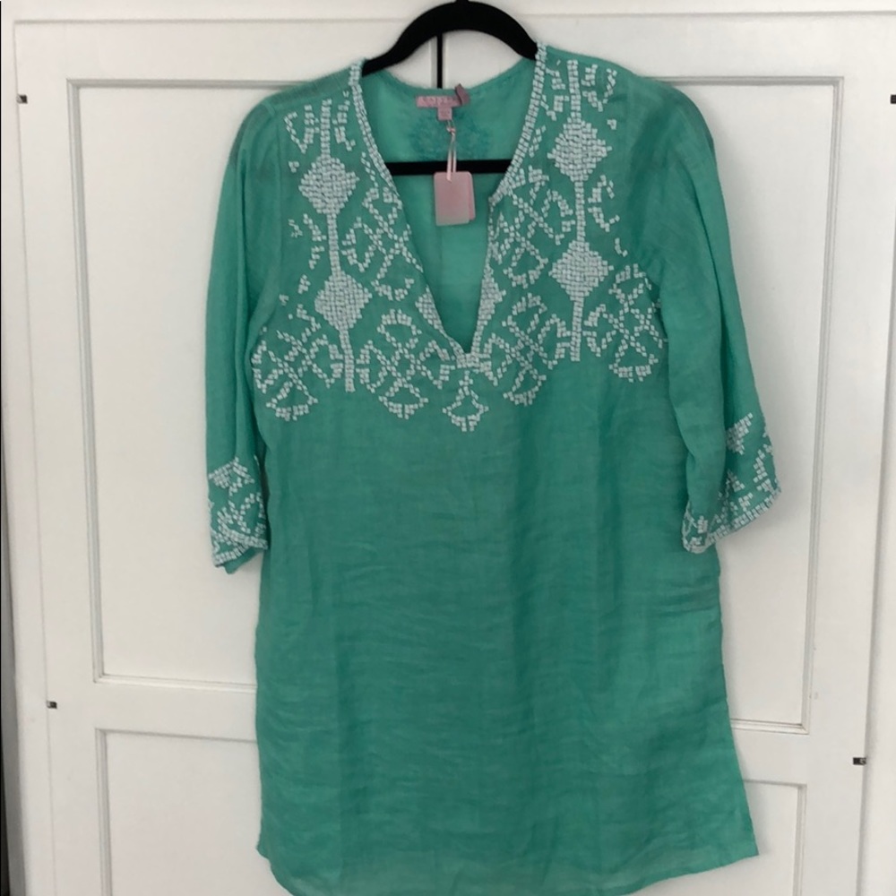 Calypso Tunic line green linen with white beads